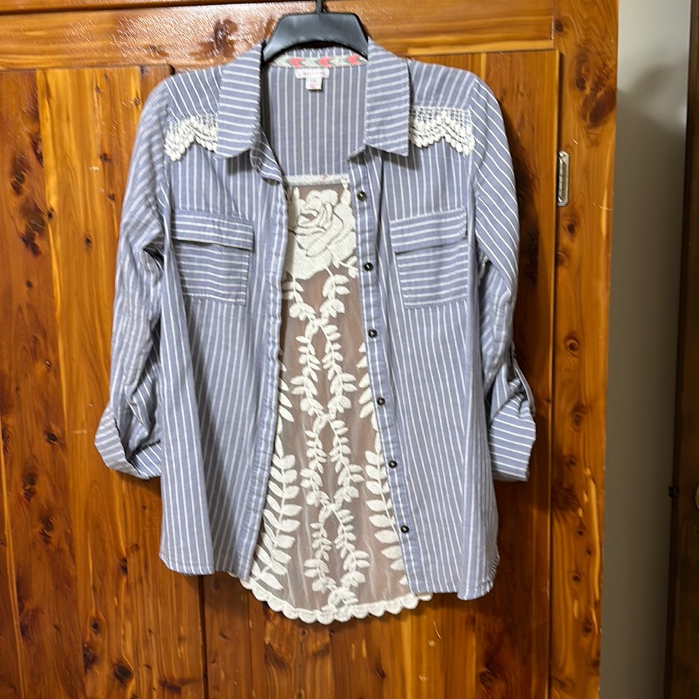 Blue strip button up shirt with lace back Large